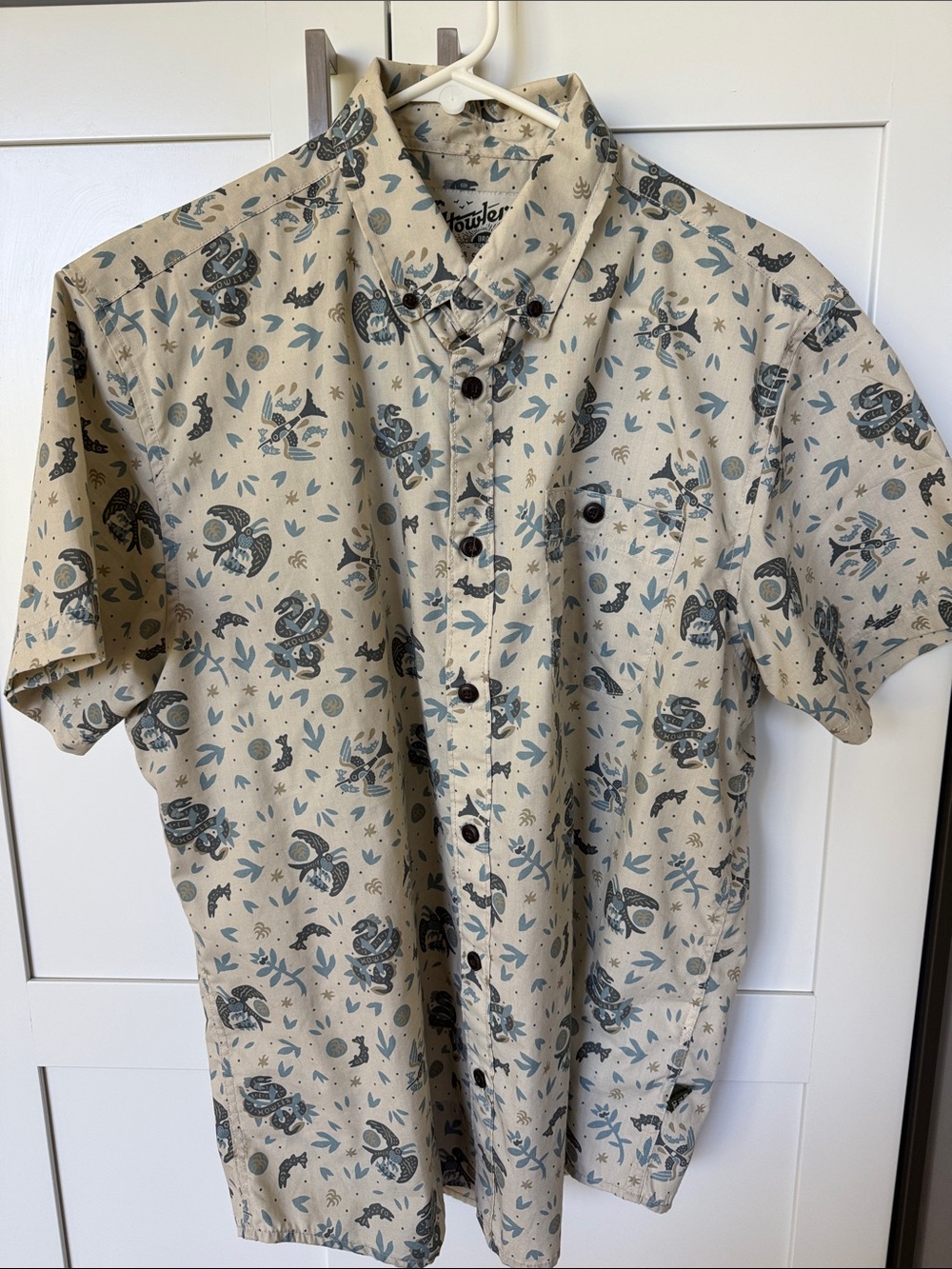 Howler Brothers Beige Short-Sleeve Button-Down with Teal Botanical Print